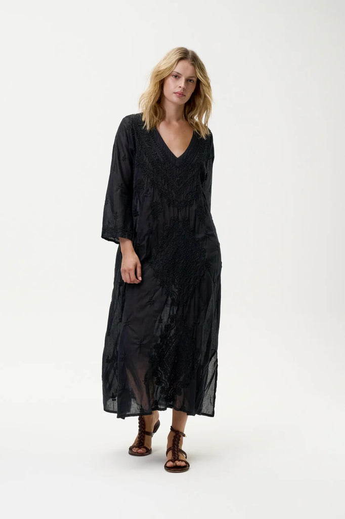 Oneseason Long Goa Embroidered Dress in Black Oneseason One Season lightweight and stylish resort wear Australian fashion label official stockist Signature of Double Bay