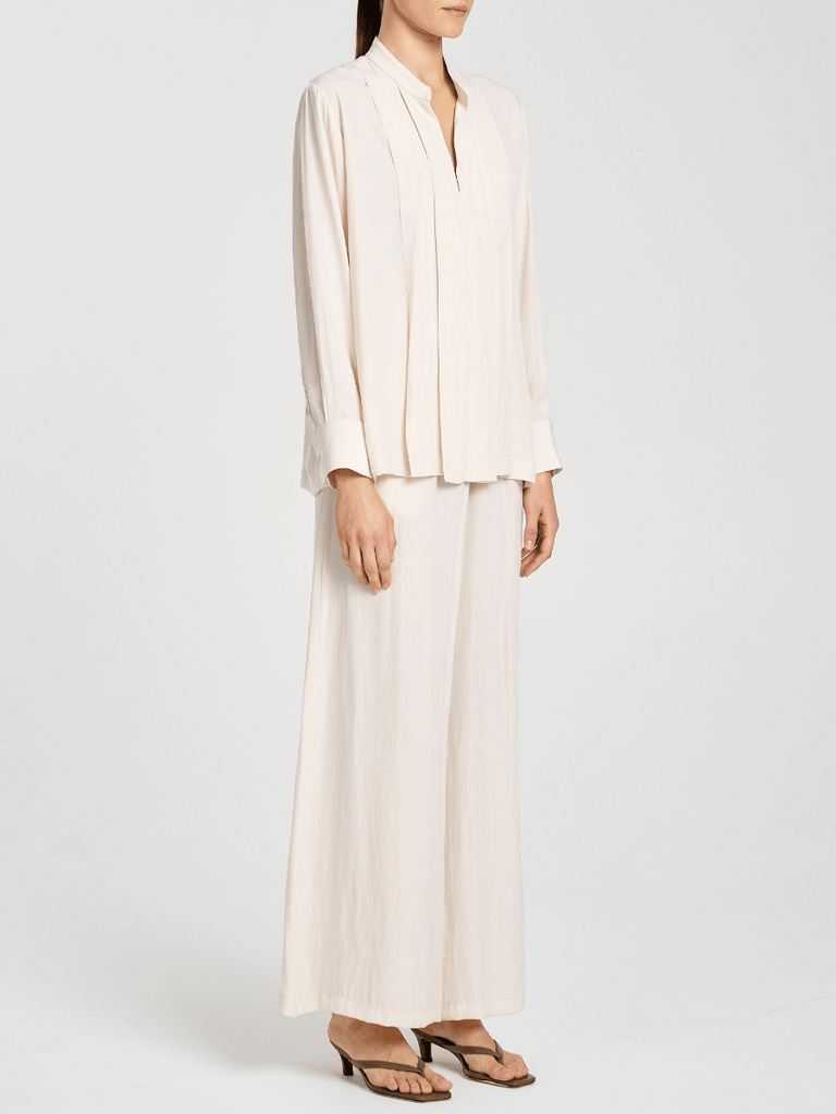 Mela Purdie Pleat Front Fan Blouse with Stand Collar in Meringue Beige 8728 Mela Purdie Stockist Online Australia Signature of Double Bay Tops Dresses Elegant Clothing