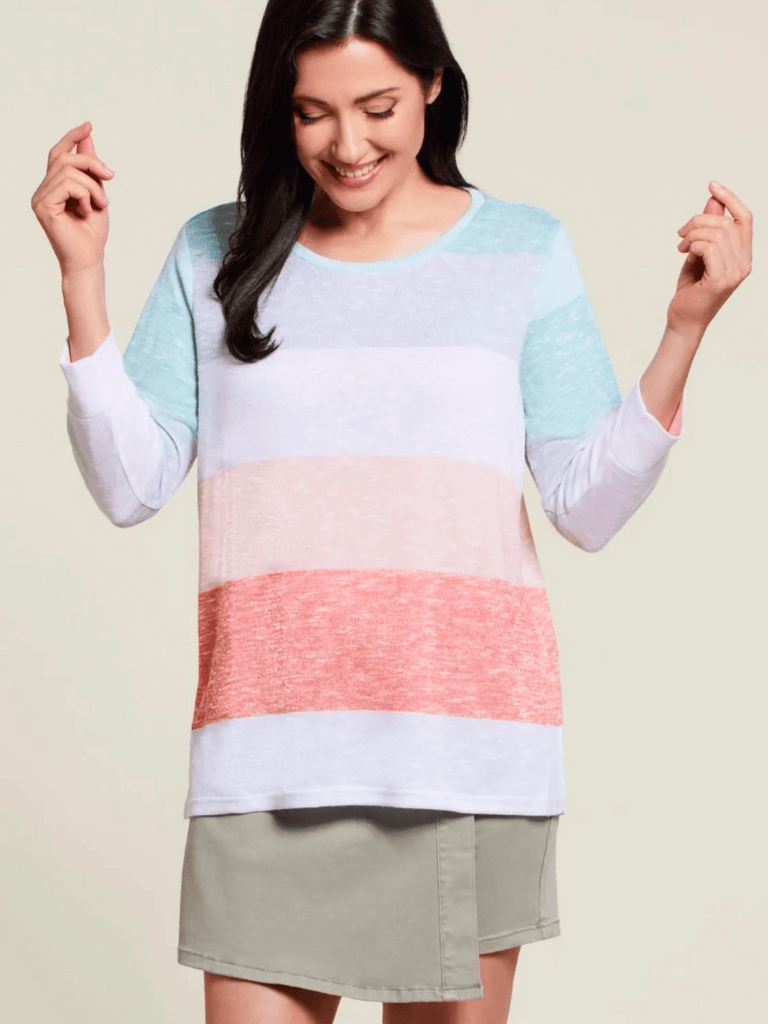 TRIBAL FASHION CANADA Striped Hatchi Top 3/4 Sleeve Boat Neck Wide Pastel Stripe 1619 Official Tribal Fashion Canada Stockist Sydney Australia Online Buy Signature of Double Bay