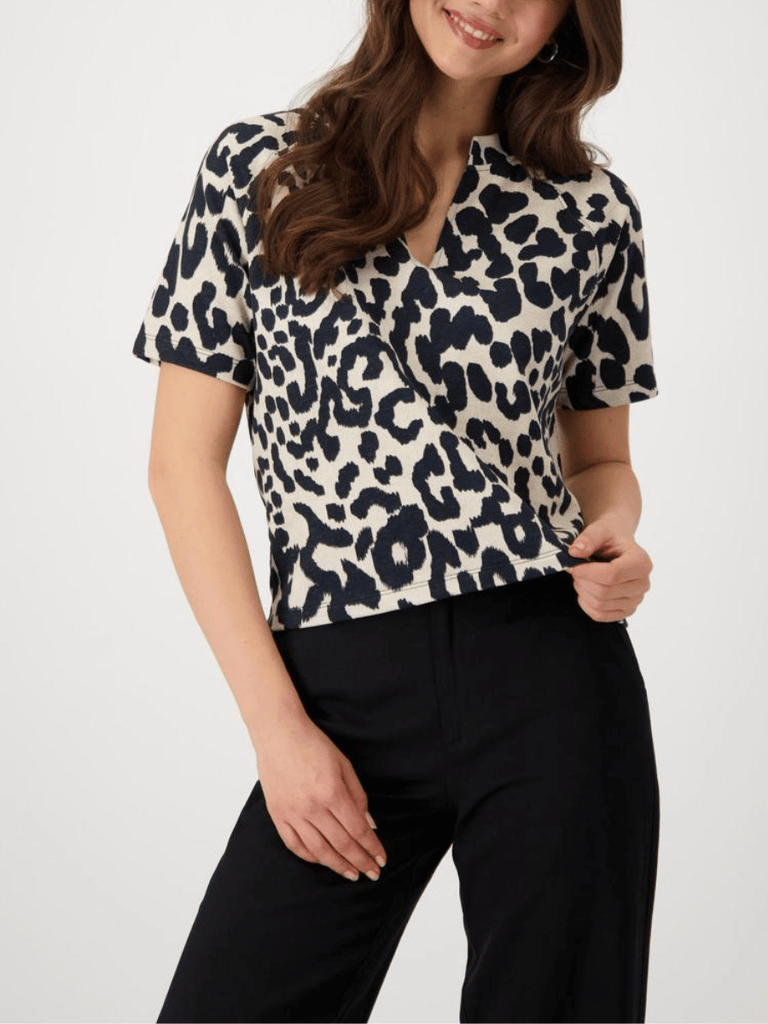 Monari Short Sleeve Leopard Print T-Shirt in Black and Beige Discover the Elegant Monari Collection at Signature of Double Bay, Shop Stylish Knitwear, Dresses, and Tops Online from Sydney's Premier Mature Fashion Boutique