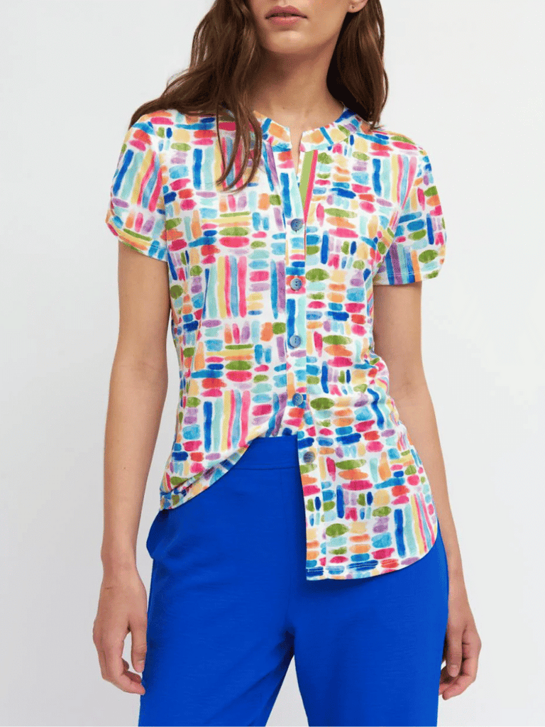 Tinta & Bariloche Short Sleeve Relaxed Fit Saura Blouse in Multicolour Abstract Print multicolour abstract brushstroke print Tinta and Bariloche online Australia Shop Tinta Bariloche shorts, dresses, tops online. Signature of Double Bay Fashion Tinta and Bariloche Online