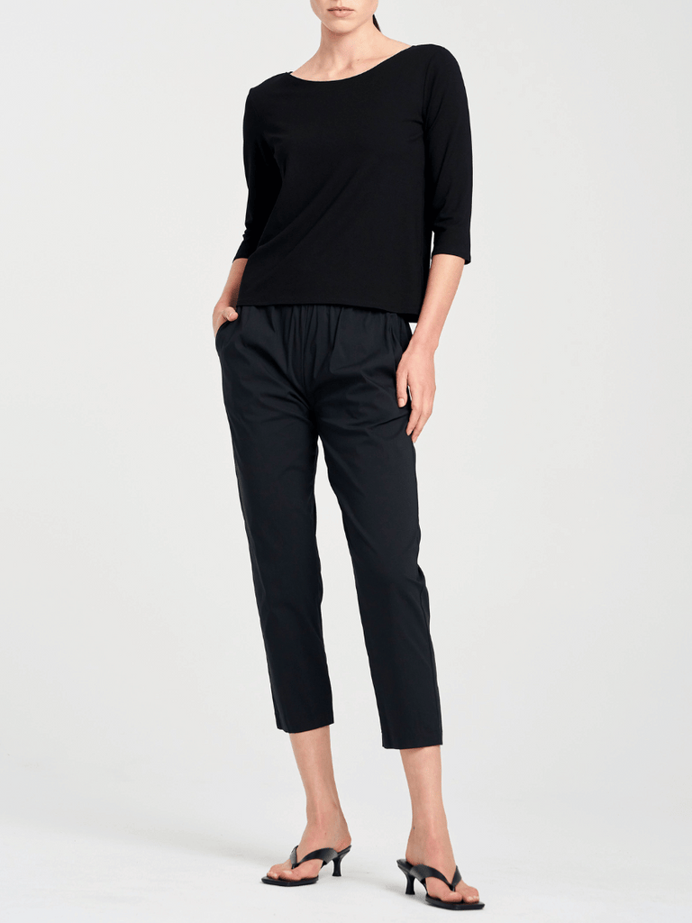 Mela Purdie Stockist Online Australia Nomad Pant in Black stretch cotton tapered leg elastic comfortable waist chic pocket pant