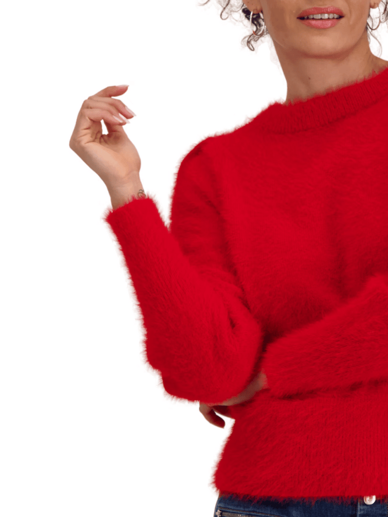 Monari Long Sleeve Eyelash Knit Fleecy Pullover in Deep Red Discover the Elegant Monari Collection at Signature of Double Bay, Shop Stylish Knitwear, Dresses, and Tops Online from Sydney's Premier Mature Fashion Boutique