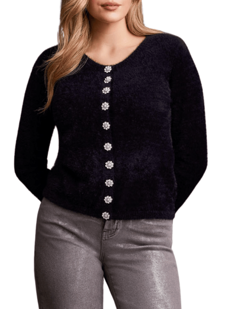 TRIBAL FASHION CANADA Long Sleeve Eyelash Knit Rhinestone Button Cardigan in Black Official Tribal Fashion Canada Stockist Sydney Australia Online Buy Signature of Double Bay