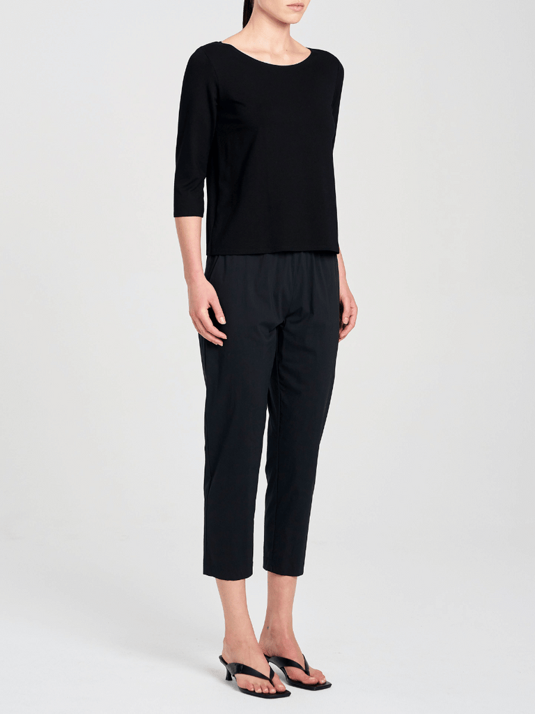 Mela Purdie Stockist Online Australia Nomad Pant in Black stretch cotton tapered leg elastic comfortable waist chic pocket pant