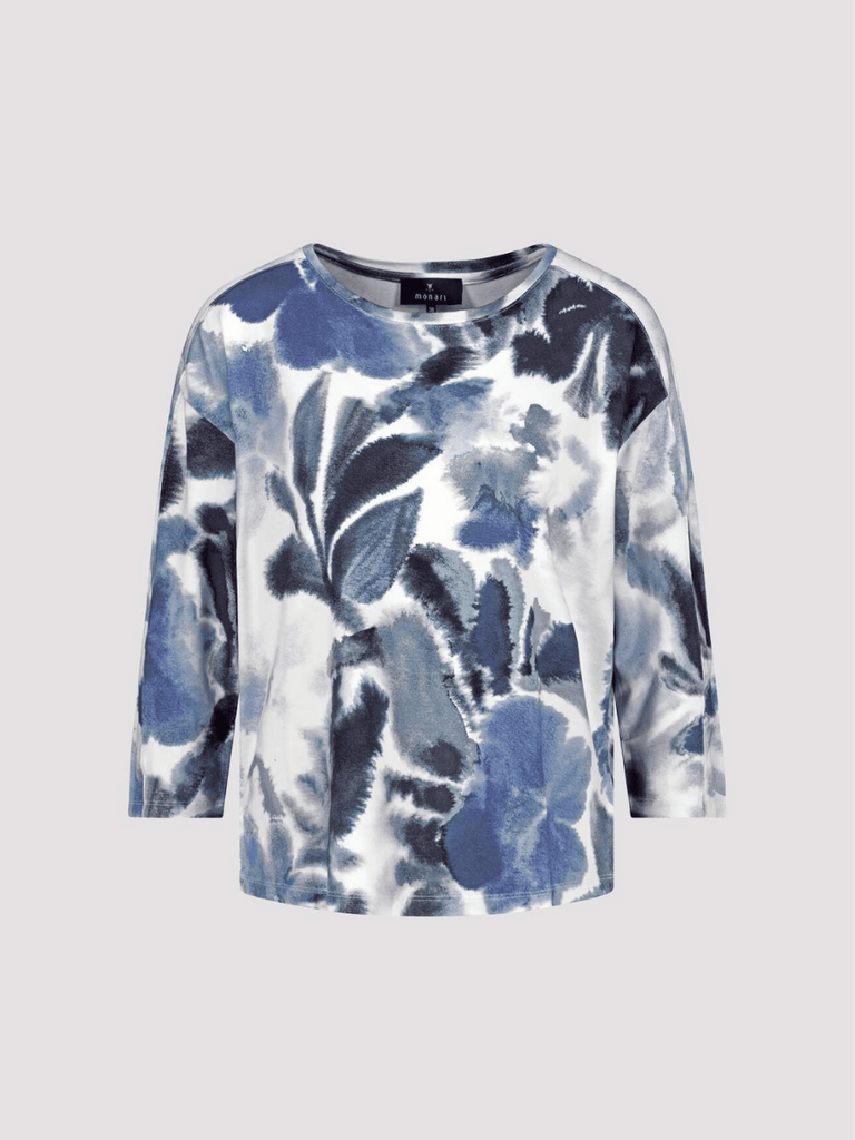 Monari 3/4 Length Sleeve Tee in Blue Watercolour Print Discover the Elegant Monari Collection at Signature of Double Bay, Shop Stylish Knitwear, Dresses, and Tops Online from Sydney's Premier Mature Fashion Boutique