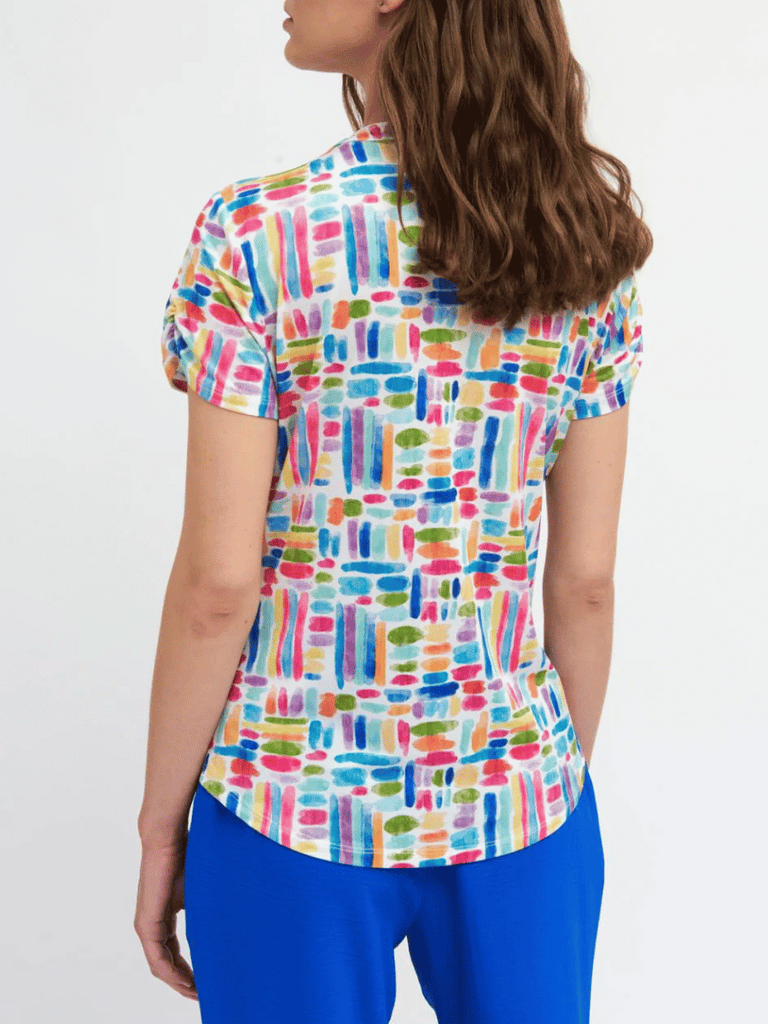 Tinta & Bariloche Short Sleeve Relaxed Fit Saura Blouse in Multicolour Abstract Print multicolour abstract brushstroke print Tinta and Bariloche online Australia Shop Tinta Bariloche shorts, dresses, tops online. Signature of Double Bay Fashion Tinta and Bariloche Online