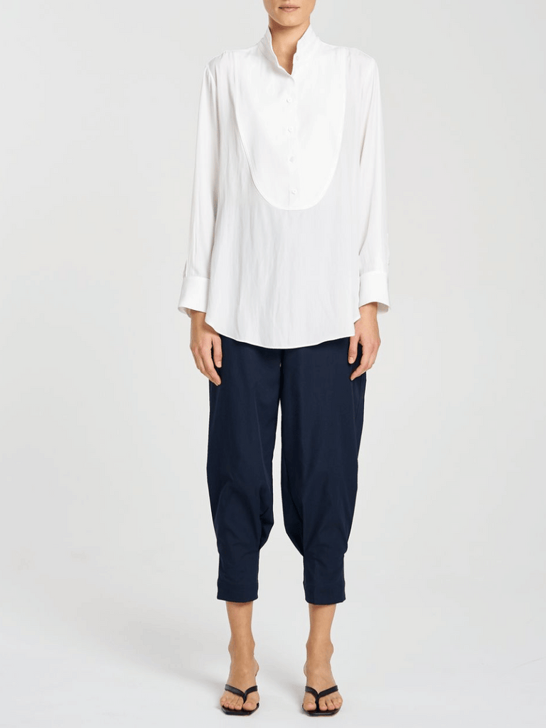 Mela Purdie Curved Hem Dinner Shirt with Exaggerated Cuffs in White 8756 Mela Purdie Stockist Online Australia Signature of Double Bay Tops Dresses Elegant Clothing