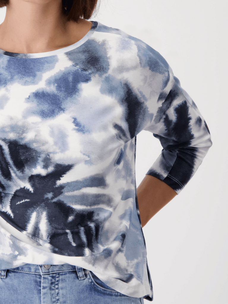Monari 3/4 Length Sleeve Tee in Blue Watercolour Print Discover the Elegant Monari Collection at Signature of Double Bay, Shop Stylish Knitwear, Dresses, and Tops Online from Sydney's Premier Mature Fashion Boutique