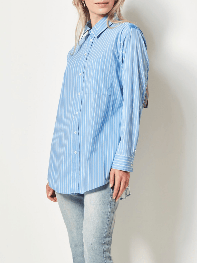VERGE Imagine Shirt in Blue Contrast Patchwork 9292 Verge Stockist Online Australia Signature of Double Bay Mature Fashion Acrobat Flattering