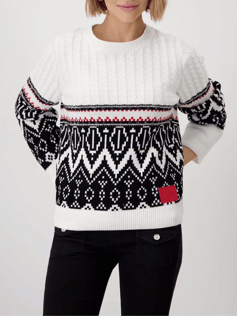 Monari Round Neck Long Sleeve Jacquard Embellished Pullover in Off-White Discover the Elegant Monari Collection at Signature of Double Bay, Shop Stylish Knitwear, Dresses, and Tops Online from Sydney's Premier Mature Fashion Boutique