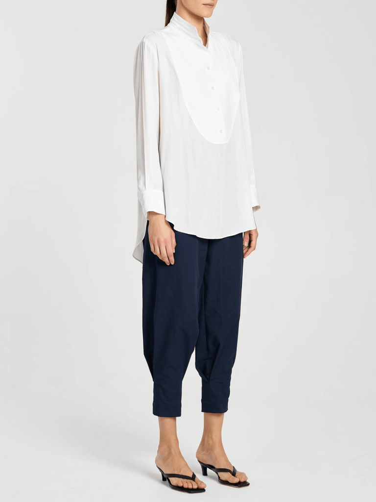 Mela Purdie Curved Hem Dinner Shirt with Exaggerated Cuffs in White 8756 Mela Purdie Stockist Online Australia Signature of Double Bay Tops Dresses Elegant Clothing