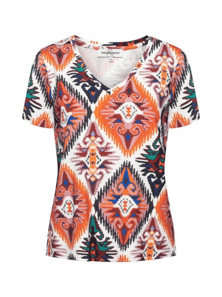 &Co Woman Netherlands Short Sleeve V-Neck Venice Tee in Ikat Print TO215 Online Stockist &co woman travel wear travel clothing online sydney australia lightweight easy care wardrobe essentials