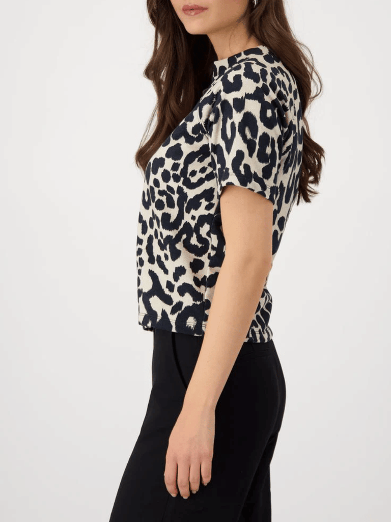 Monari Short Sleeve Leopard Print T-Shirt in Black and Beige Discover the Elegant Monari Collection at Signature of Double Bay, Shop Stylish Knitwear, Dresses, and Tops Online from Sydney's Premier Mature Fashion Boutique