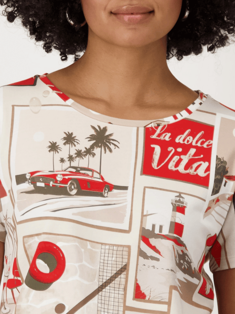 Monari Short Sleeve Round Neck Polaroid Print Cotton Modal T-Shirt in Red Discover the Elegant Monari Collection at Signature of Double Bay, Shop Stylish Knitwear, Dresses, and Tops Online from Sydney's Premier Mature Fashion Boutique