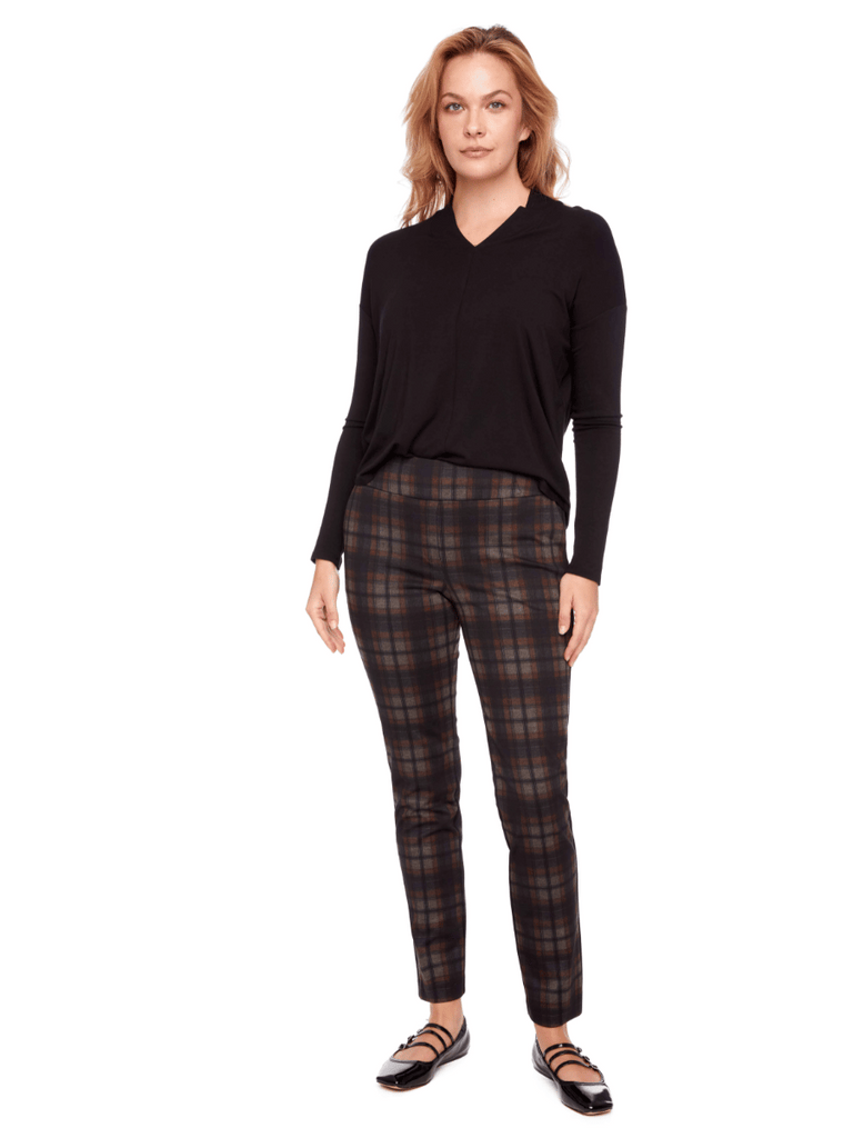UP! PANTS 30" Tummy Control Pant in Brown, Grey and Rust Plaid 68238 Up Pants Tummy control stockist online Australia flattering body contouring shaping pants high rise waistband signature of double bay Sydney fashion