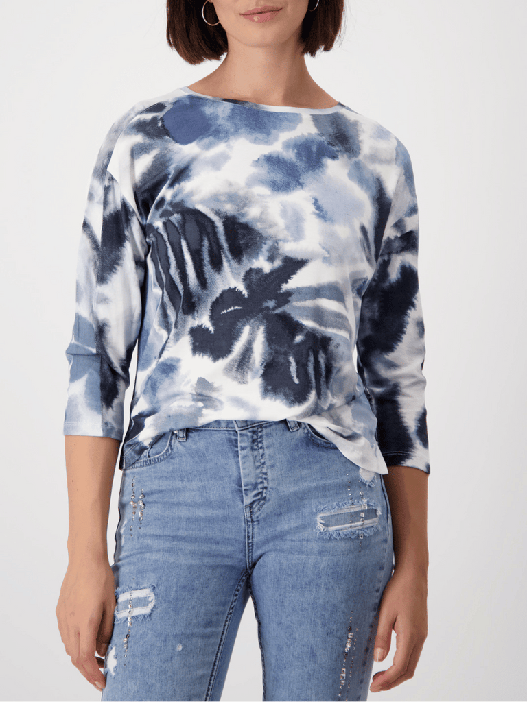 Monari 3/4 Length Sleeve Tee in Blue Watercolour Print Discover the Elegant Monari Collection at Signature of Double Bay, Shop Stylish Knitwear, Dresses, and Tops Online from Sydney's Premier Mature Fashion Boutique
