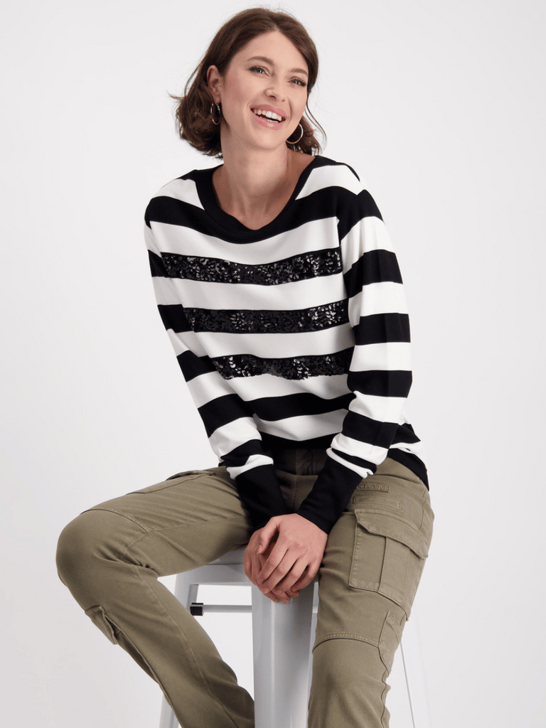 Monari Long Sleeve Sweatshirt with Sequin Highlights in Black and White Block Stripe Discover the Elegant Monari Collection at Signature of Double Bay, Shop Stylish Knitwear, Dresses, and Tops Online from Sydney's Premier Mature Fashion Boutique