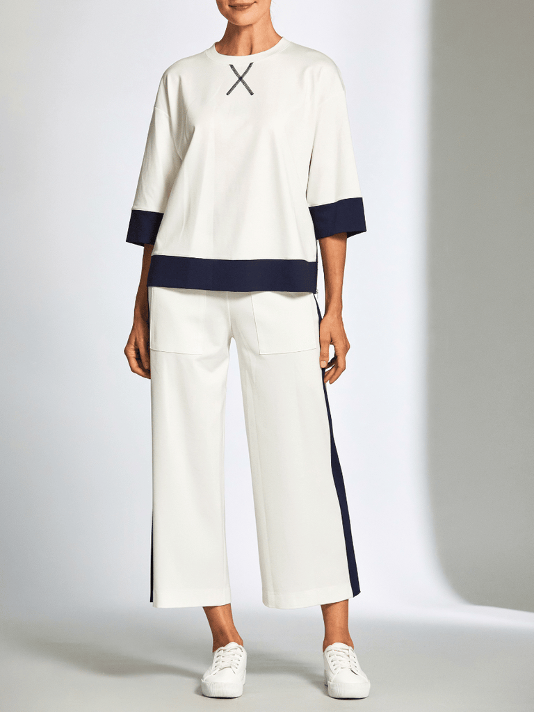 Peruzzi Contrast Zip Detail 3/4 Sleeve Top in Cream and Navy 25178 shop peruzzi, peruzzi fashion, peruzzi stockists, peruzzi stockists australia, peruzzi sydney, peruzzi womens clothing