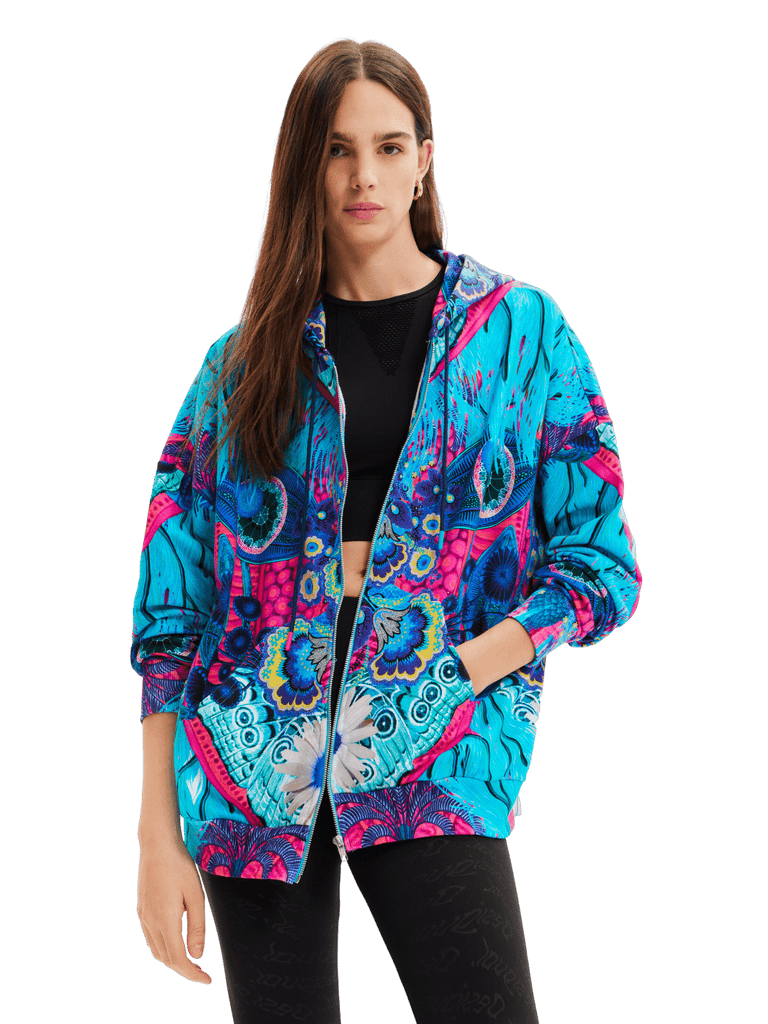 Desigual Oversized Zip Hoodie in Aqua by M. Christian Lacroix luxurious hooded zip sweater fantasy print desigual stockist online australia