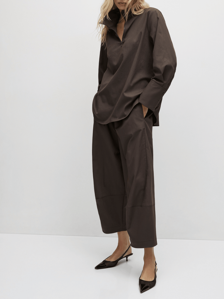 Mela Purdie Half Zip Blouse in Leather Twill 8632 Mela Purdie Stockist Online Australia Signature of Double Bay Tops Dresses Elegant Clothing