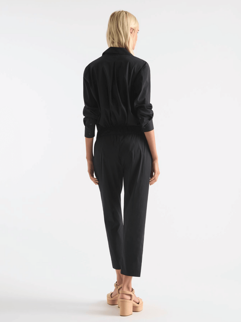Mela Purdie Stockist Online Australia Nomad Pant in Black stretch cotton tapered leg elastic comfortable waist chic pocket pant
