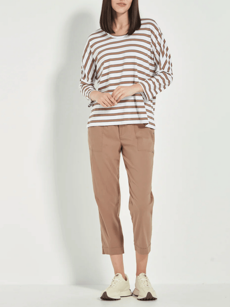 VERGE 3/4 Sleeve Relaxed Fit Sail Top in Brown and White Stripe Verge Stockist Online Australia Signature of Double Bay Mature Fashion Acrobat Flattering