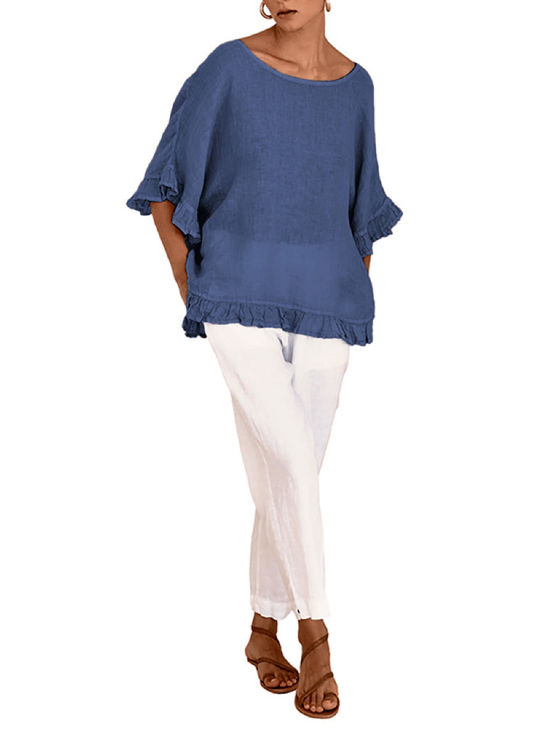 Haris Cotton Linen Gauze Blouse with Ruffles in Lapis Blue. Shop Haris Cotton Australia – Elegant linen clothing and sustainable european women’s fashion at Signature of Double Bay Sydney online and instore. shop natural linen dresses, white linen clothing and summer linen outfits in Sydney