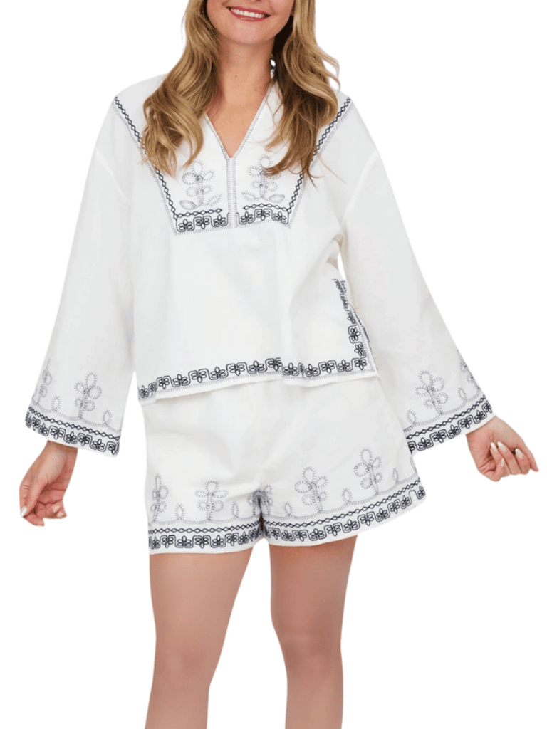 Astrid Mid-Rise Relaxed Embroidered Peace Shorts in White and Blue Astrid women’s clothing collection feminine, versatile style shop now at Signature of Double Bay Sydney Australia online stockist luxury womens fashion