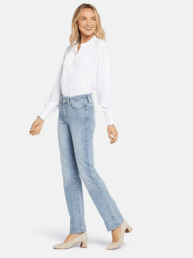Not Your Daughter's jeans Marilyn Straight Jean in Haley light blue wash comfortable tummy control jean pants sustainable made for women. Women tummy control jeans built in shapewear Not your daughters jeans stockist online sydney