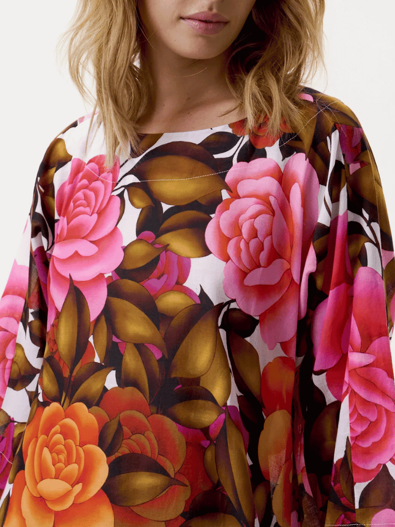 Oneseason Long Jackie Deia Cotton Roses Dress in Pink and Orange Floral Oneseason One Season lightweight and stylish resort wear Australian fashion label official stockist Signature of Double Bay