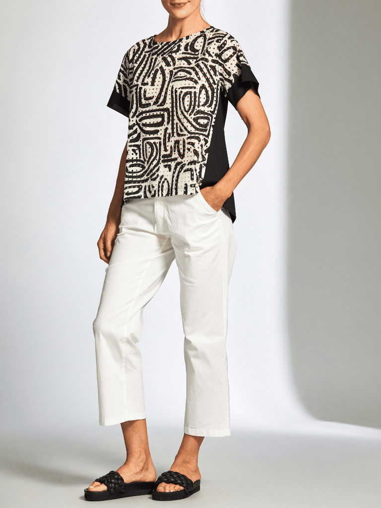 Peruzzi Short Sleeve Abstract Print Punch Hole Top in Black and Sand 25133 shop peruzzi, peruzzi fashion, peruzzi stockists, peruzzi stockists australia, peruzzi sydney, peruzzi womens clothing