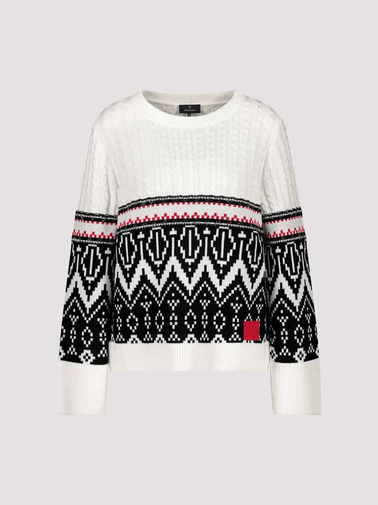Monari Round Neck Long Sleeve Jacquard Embellished Pullover in Off-White Discover the Elegant Monari Collection at Signature of Double Bay, Shop Stylish Knitwear, Dresses, and Tops Online from Sydney's Premier Mature Fashion Boutique