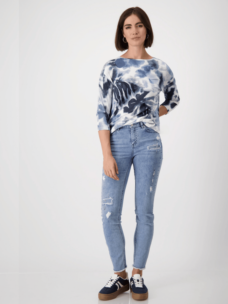 Monari 3/4 Length Sleeve Tee in Blue Watercolour Print Discover the Elegant Monari Collection at Signature of Double Bay, Shop Stylish Knitwear, Dresses, and Tops Online from Sydney's Premier Mature Fashion Boutique