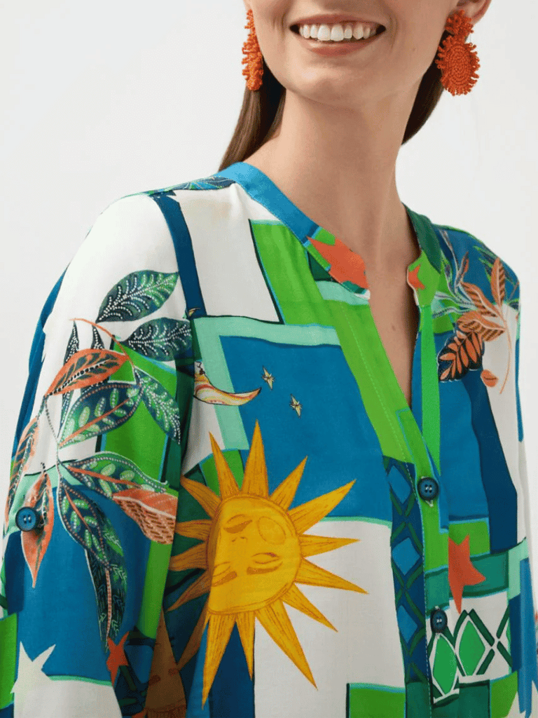 Tinta & Bariloche 3/4 Sleeve Relaxed Fit Teresina Shirt in Royal Blue Graphic Print Tinta and Bariloche online Australia Shop Tinta Bariloche shorts, dresses, tops online. Signature of Double Bay Fashion Tinta and Bariloche Online