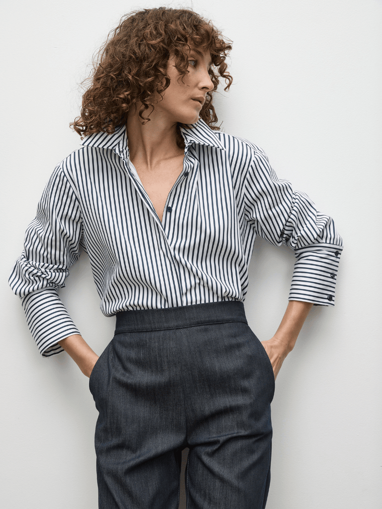 Mela Purdie Smooth Shirt in Indigo Stripe Popiline 8560 Mela Purdie Stockist Online Australia Signature of Double Bay Tops Dresses Elegant Clothing