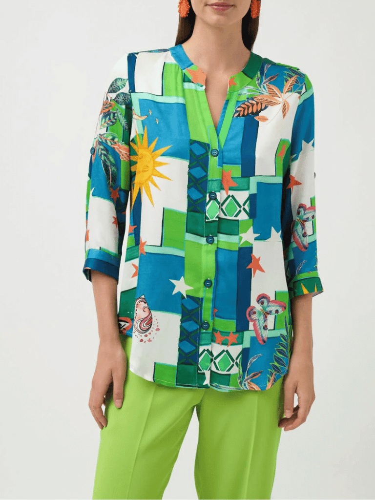 Tinta & Bariloche 3/4 Sleeve Relaxed Fit Teresina Shirt in Royal Blue Graphic Print Tinta and Bariloche online Australia Shop Tinta Bariloche shorts, dresses, tops online. Signature of Double Bay Fashion Tinta and Bariloche Online