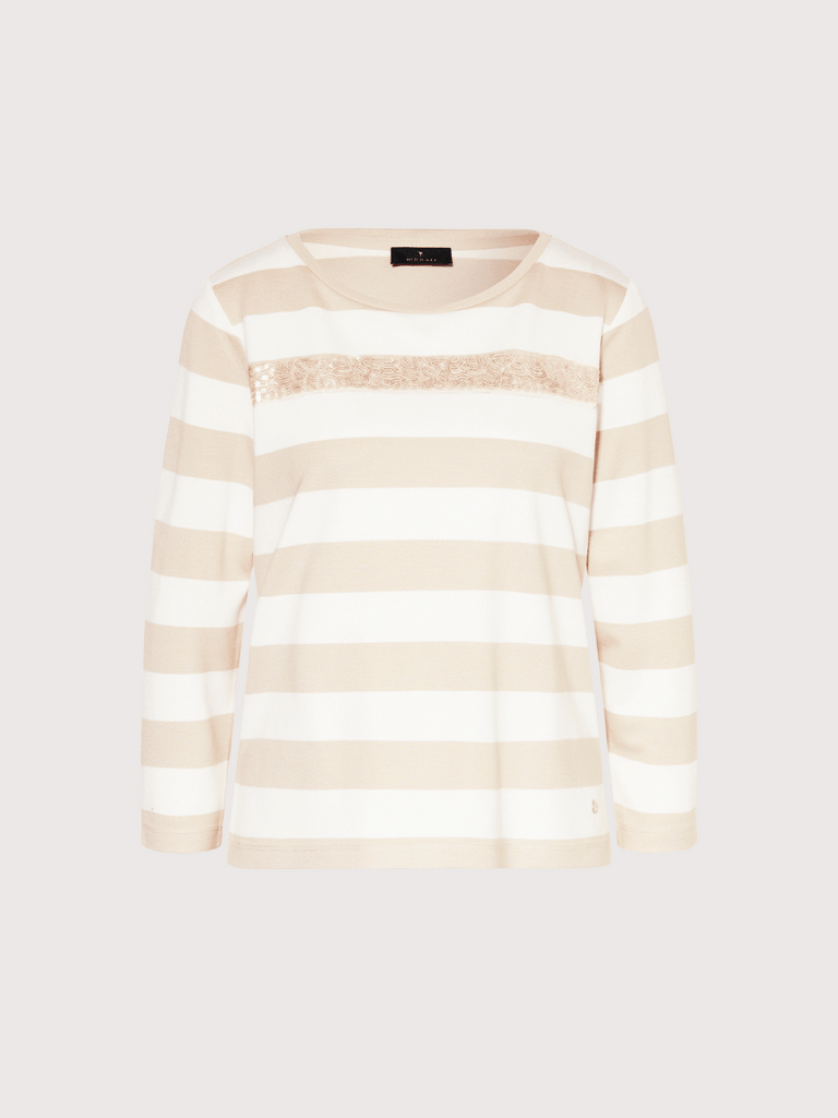Monari 3/4 Sleeve Sequin Stripe Sweatshirt in Cream and Beige 409136 Discover the Elegant Monari Collection at Signature of Double Bay, Shop Stylish Knitwear, Dresses, and Tops Online from Sydney's Premier Mature Fashion Boutique