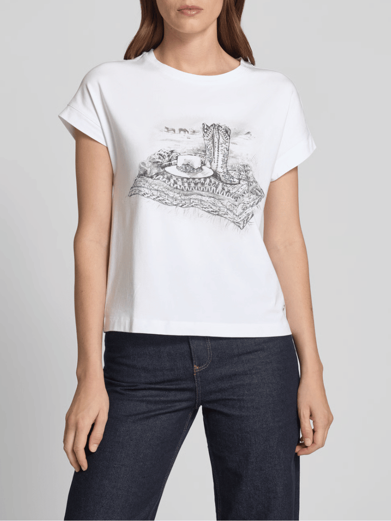 Monari Short Sleeve Cowboy Boot and Hat Print Shirt in White Discover the Elegant Monari Collection at Signature of Double Bay, Shop Stylish Knitwear, Dresses, and Tops Online from Sydney's Premier Mature Fashion Boutique