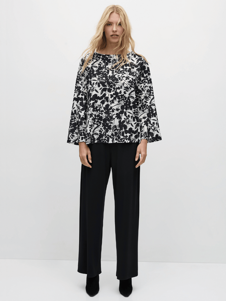 Mela Purdie Long Sleeve Slice Neck Plaza Top in Black and White Tuberose Print 8702 Mela Purdie Stockist Online Australia Signature of Double Bay Tops Dresses Elegant Clothing
