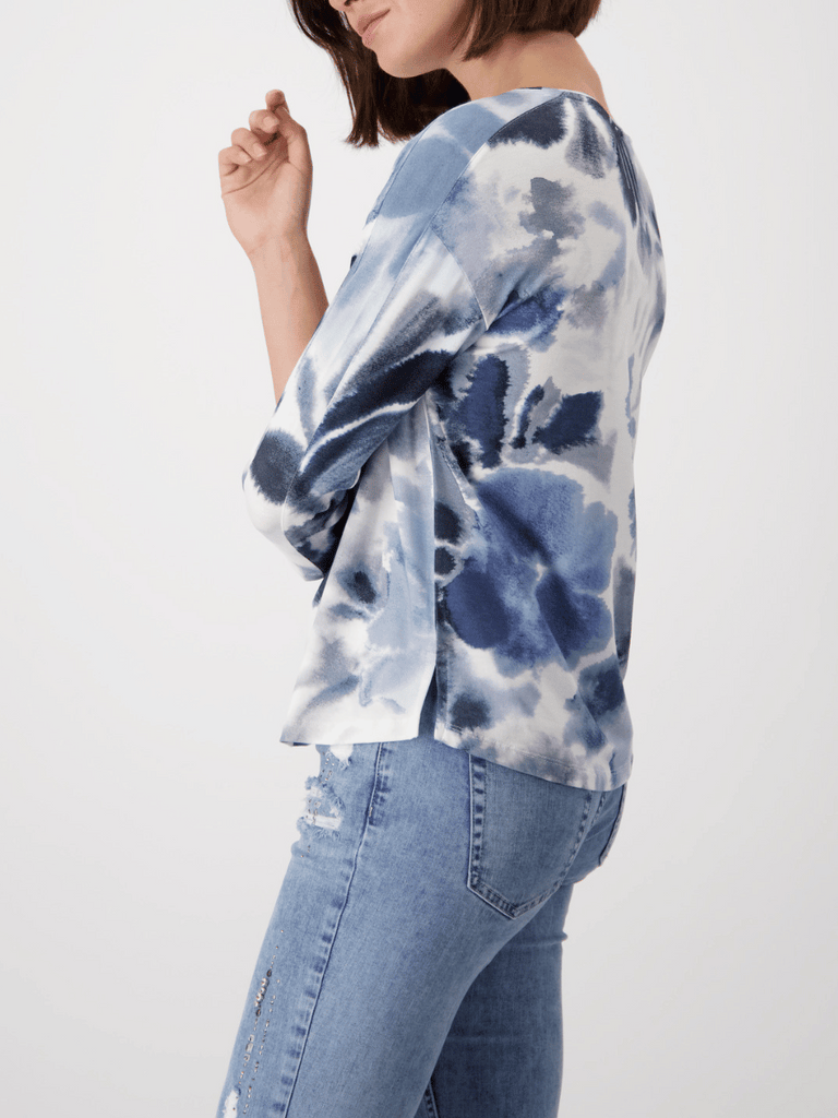 Monari 3/4 Length Sleeve Tee in Blue Watercolour Print Discover the Elegant Monari Collection at Signature of Double Bay, Shop Stylish Knitwear, Dresses, and Tops Online from Sydney's Premier Mature Fashion Boutique