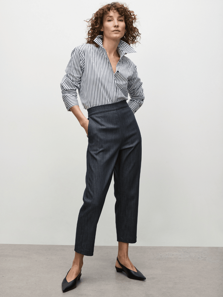 Mela Purdie Smooth Shirt in Indigo Stripe Popiline 8560 Mela Purdie Stockist Online Australia Signature of Double Bay Tops Dresses Elegant Clothing