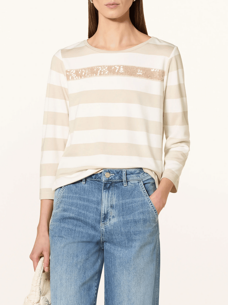 Monari 3/4 Sleeve Sequin Stripe Sweatshirt in Cream and Beige 409136 Discover the Elegant Monari Collection at Signature of Double Bay, Shop Stylish Knitwear, Dresses, and Tops Online from Sydney's Premier Mature Fashion Boutique