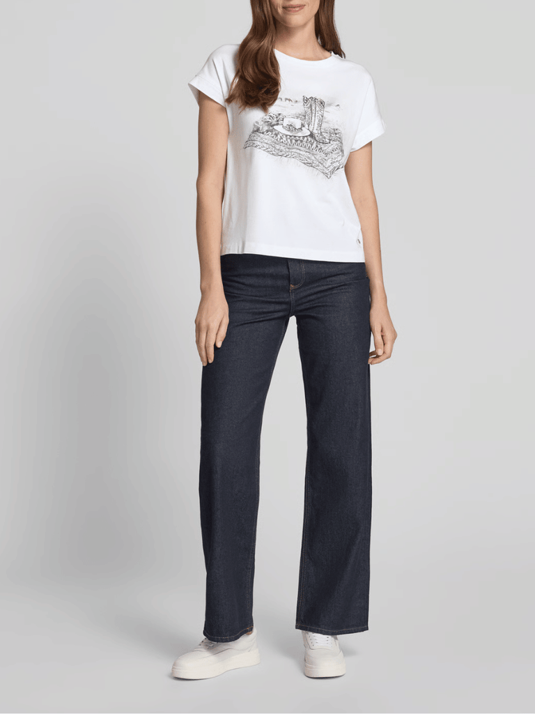 Monari Short Sleeve Cowboy Boot and Hat Print Shirt in White Discover the Elegant Monari Collection at Signature of Double Bay, Shop Stylish Knitwear, Dresses, and Tops Online from Sydney's Premier Mature Fashion Boutique