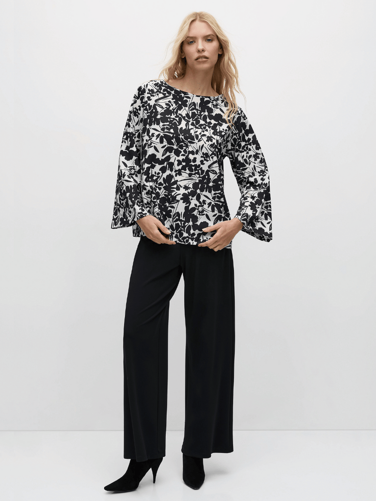 Mela Purdie Long Sleeve Slice Neck Plaza Top in Black and White Tuberose Print 8702 Mela Purdie Stockist Online Australia Signature of Double Bay Tops Dresses Elegant Clothing