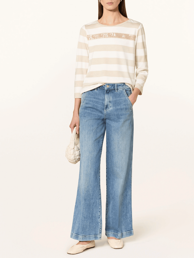 Monari 3/4 Sleeve Sequin Stripe Sweatshirt in Cream and Beige 409136 Discover the Elegant Monari Collection at Signature of Double Bay, Shop Stylish Knitwear, Dresses, and Tops Online from Sydney's Premier Mature Fashion Boutique