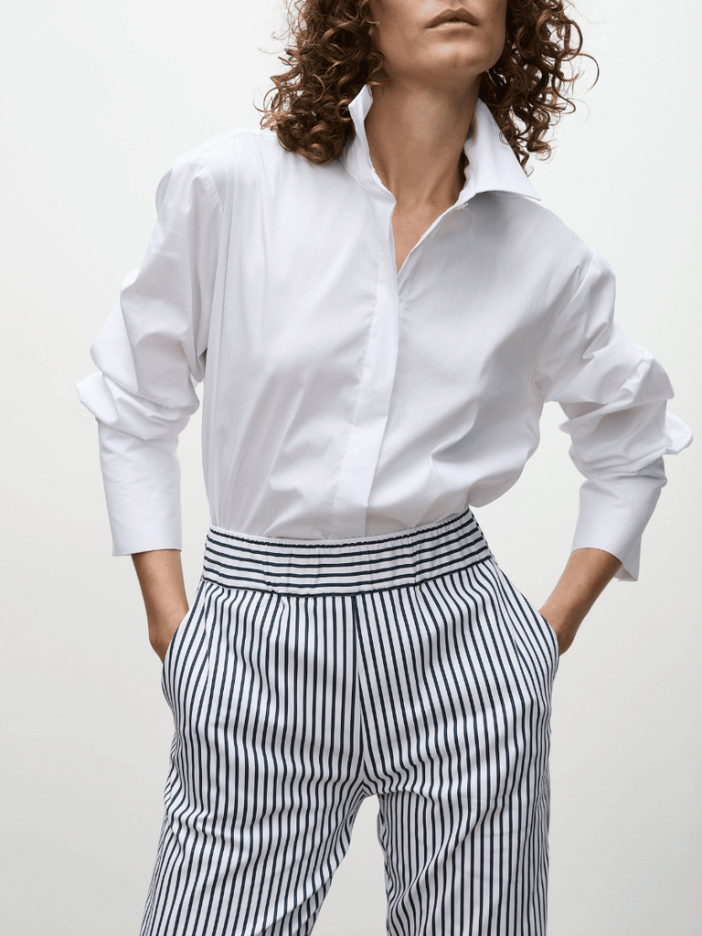 Mela Purdie Nomad Pant in Indigo Stripe Popilene 1478 Mela Purdie Stockist Online Australia Signature of Double Bay Tops Dresses Elegant Clothing