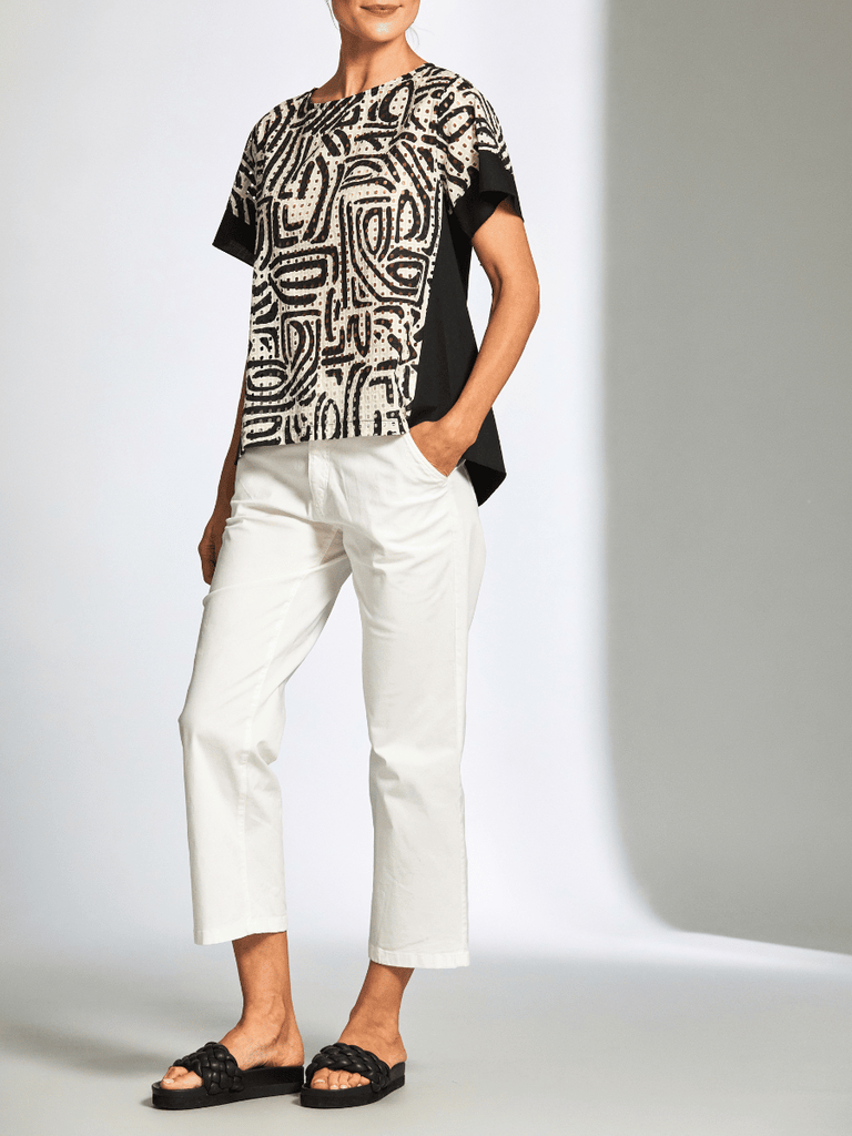Peruzzi Short Sleeve Abstract Print Punch Hole Top in Black and Sand 25133 shop peruzzi, peruzzi fashion, peruzzi stockists, peruzzi stockists australia, peruzzi sydney, peruzzi womens clothing