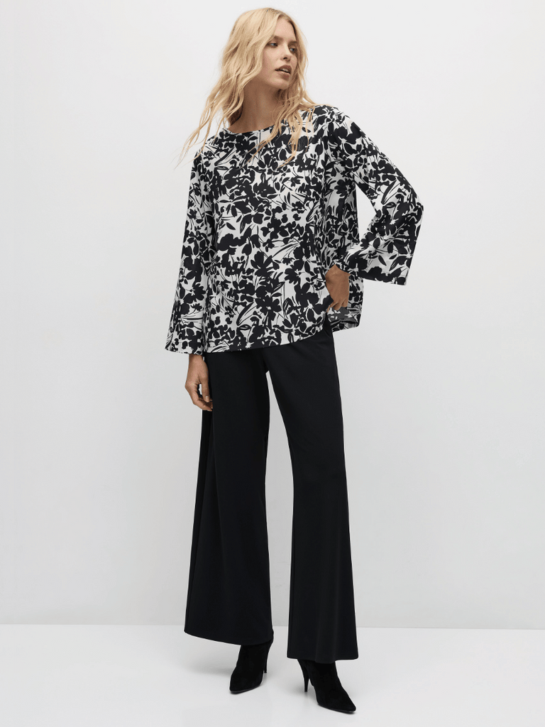 Mela Purdie Long Sleeve Slice Neck Plaza Top in Black and White Tuberose Print 8702 Mela Purdie Stockist Online Australia Signature of Double Bay Tops Dresses Elegant Clothing