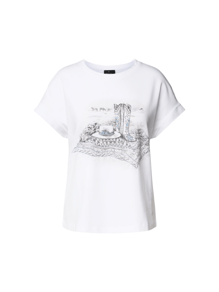 Monari Short Sleeve Cowboy Boot and Hat Print Shirt in White Discover the Elegant Monari Collection at Signature of Double Bay, Shop Stylish Knitwear, Dresses, and Tops Online from Sydney's Premier Mature Fashion Boutique